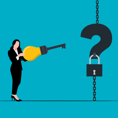 Clipart Frau mir sehr großem Schlüssel vor einem Fragezeichen mit Schloss für 8 Strategien für Employer Branding